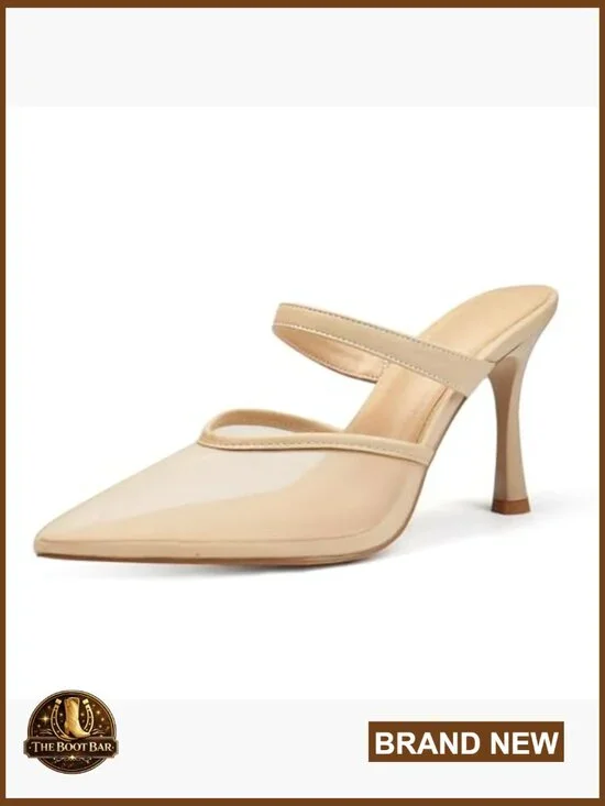 Mesh Pointed Toe Mules with 3.7 Inch Heels Slip On Heeled Sandals - Picture 6 of 7